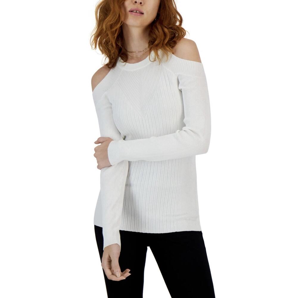 NWT INC International Concepts Women's White Ribbed Cold Shoulder Top Size Large